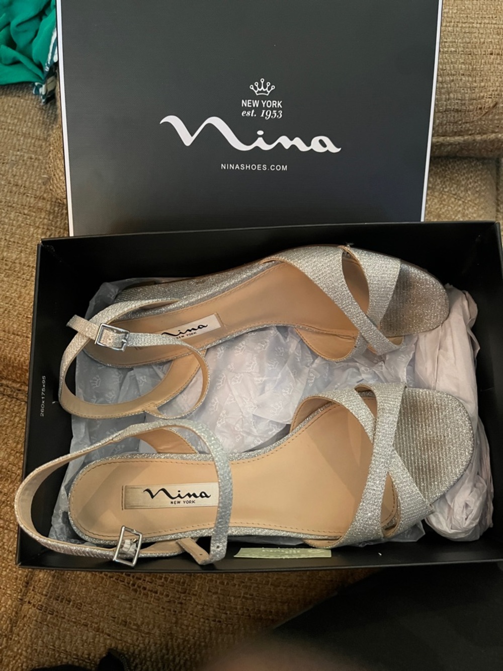 Nina Silver Glitter Crisscross Open-Toe Slingback Heels